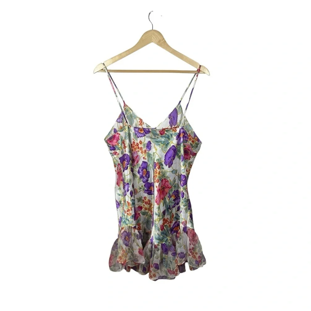 VINTAGE Satin Floral Ruffle Mini Slip Dress in White/Pink/Purple OS - Picture 8 of 8